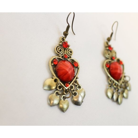 Vintage Gold & Red Hearts Dangle Drop Earrings - Picture 4 of 5